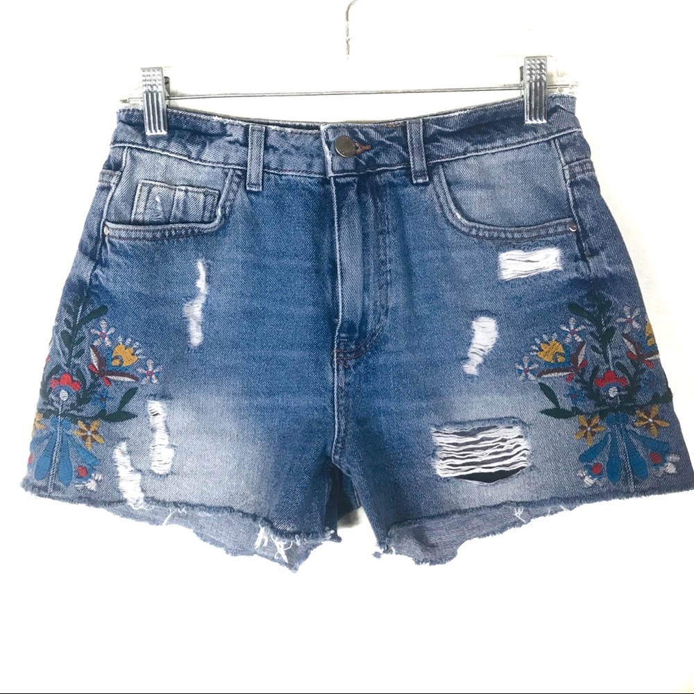 Zara distressed shorts with floral embroidery